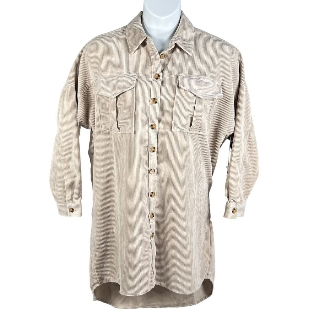Live 4 Truth NWT Womens L Beige Wide Wale Corduroy Button Shirt Dress Minimalist